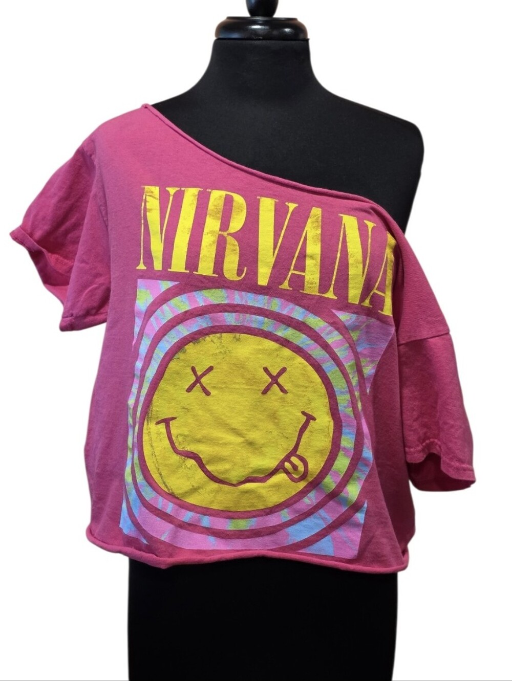 Nirvana Kids Pink Graphic Tee - Cropped Off-Shoulder Style